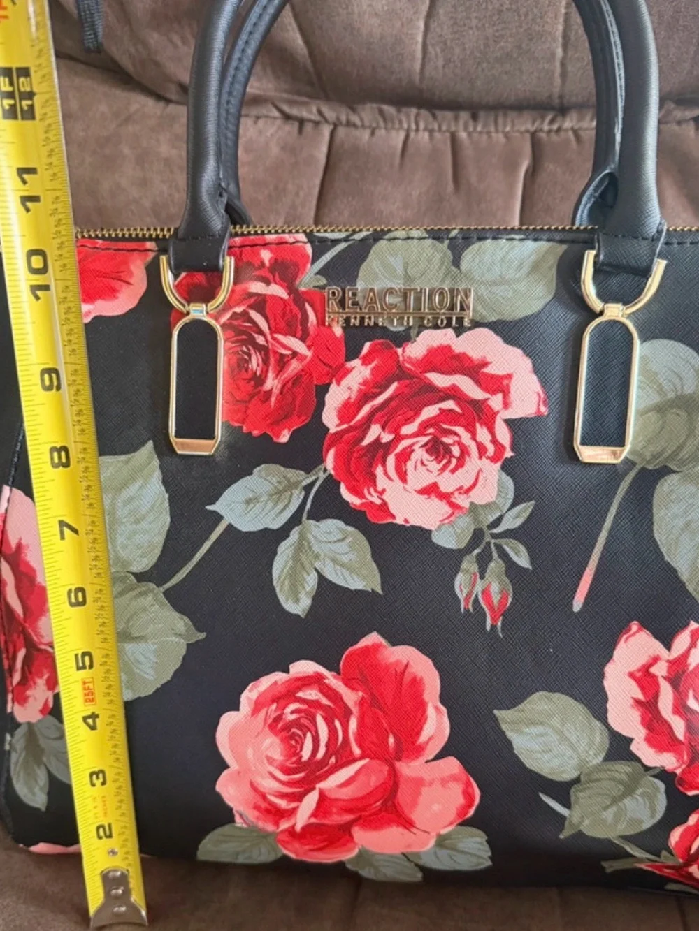 Kenneth Cole Reaction Black Satchel with Red Floral Print and Gold Hardware